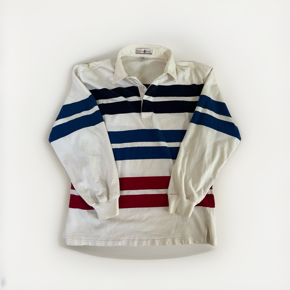 Vintage Penguin Sport Polo Shirt Mens L White Stripe Rugby Long Sleeve